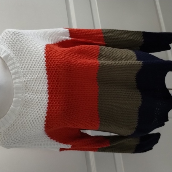 Color block sweater women's size Large orange navy olive and ivory striped - Picture 5 of 11